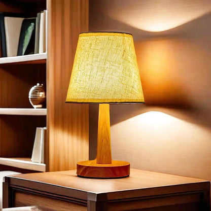 Lampe de chevet rétro en bois avec abat jour en tissu