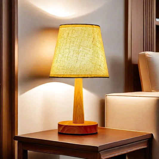 Lampe de chevet rétro en bois avec abat jour en tissu